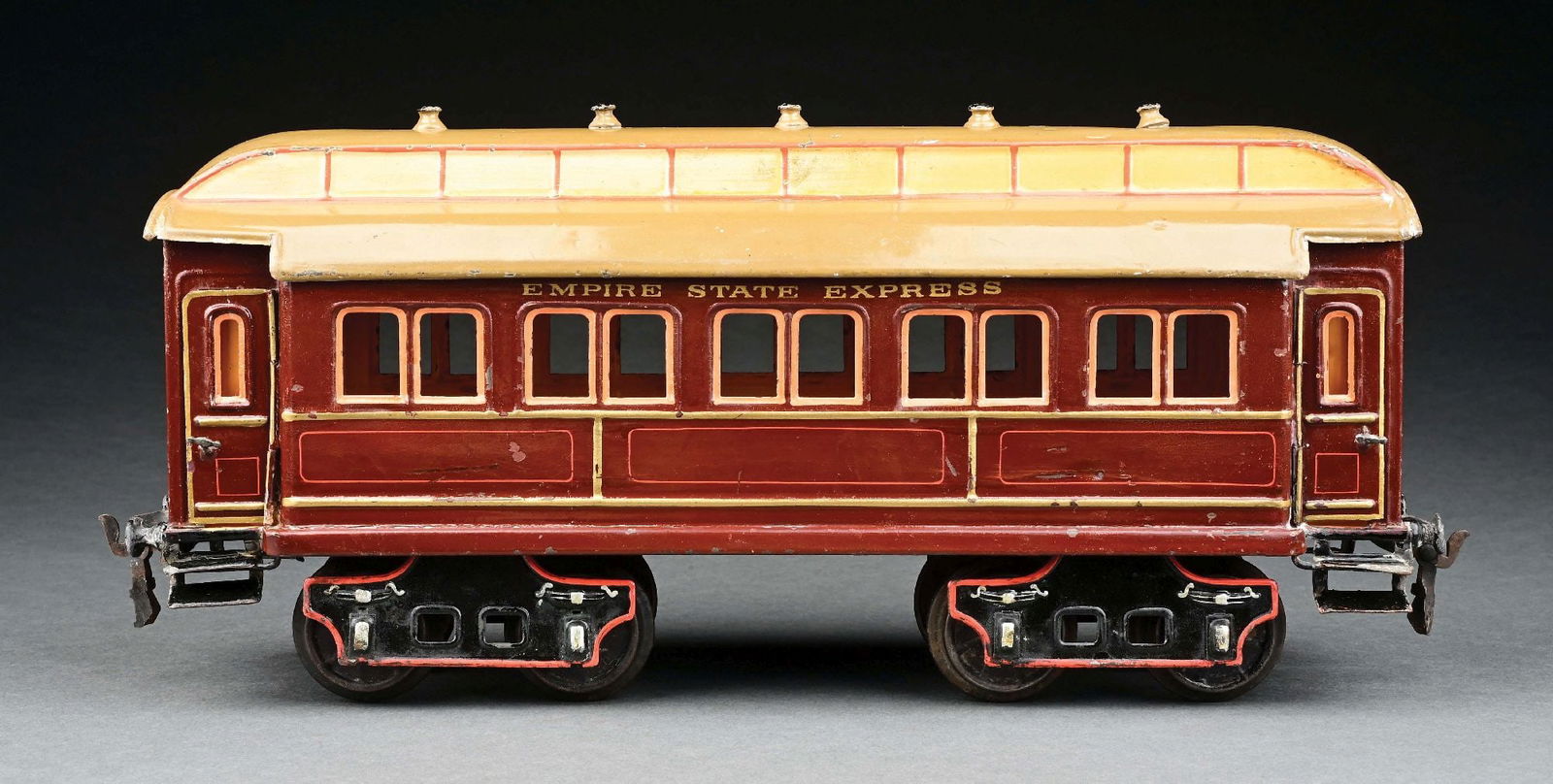 MARKLIN II GA. HAND-PAINTED EMPIRE STATE EXPRESS COACH: C. 1905. A scarce American market coach. CONDITION: Excellent to near mint. Item Dimensions: 14" x 4" x 6 - 1/2".