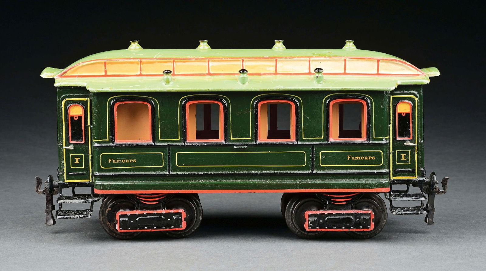 MARKLIN I GA. HAND-PAINTED 8-WHEEL COACH FOR FRENCH MARKET: C. 1904-1906. Marked "Fuemers" (Smokers). CONDITION: Overall appearance is near mint, but has a few touch-ups, making the grade excellent. Item Dimensions: 12" x 3 - 1/2" x 5 - 1/2".