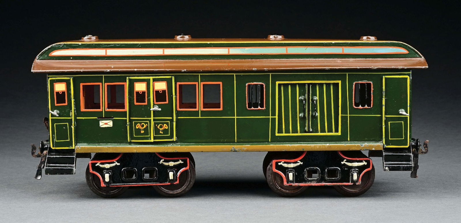 MARKLIN II GA. HAND-PAINTED BAGGAGE CAR: CONDITION: Near mint, with the exception of one chip on edge of roof. Item Dimensions: 10" x 3 - 1/2" x 6".