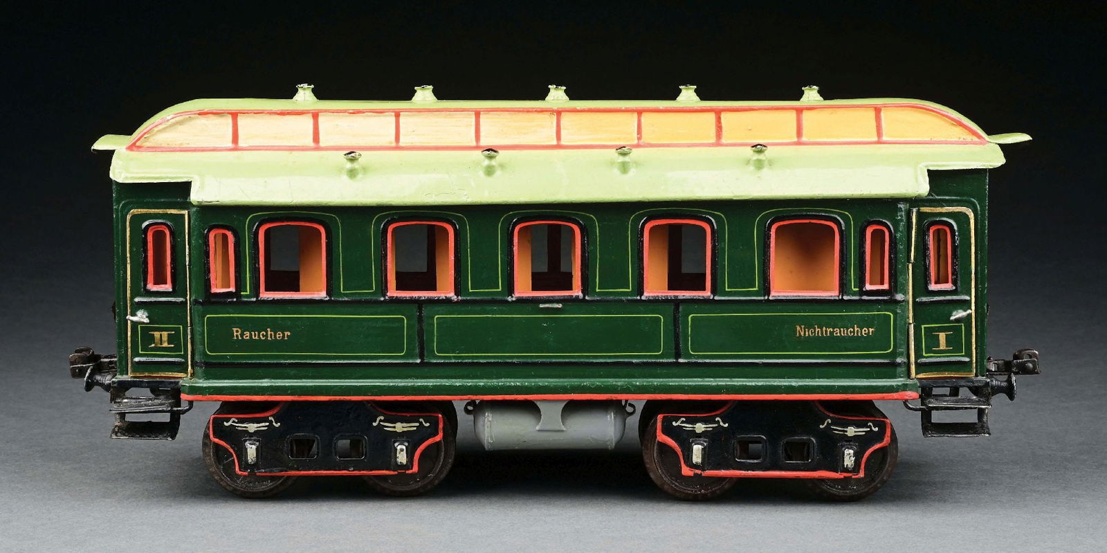 MARKLIN II GA. HAND-PAINTED 8-WHEEL COACH W/ GERMAN INSCRIPTIONS: CONDITION: Overall appearance is near mint, but has a few touch-ups, making the grade excellent. Item Dimensions: 15" x 4" x 6 - 1/2".