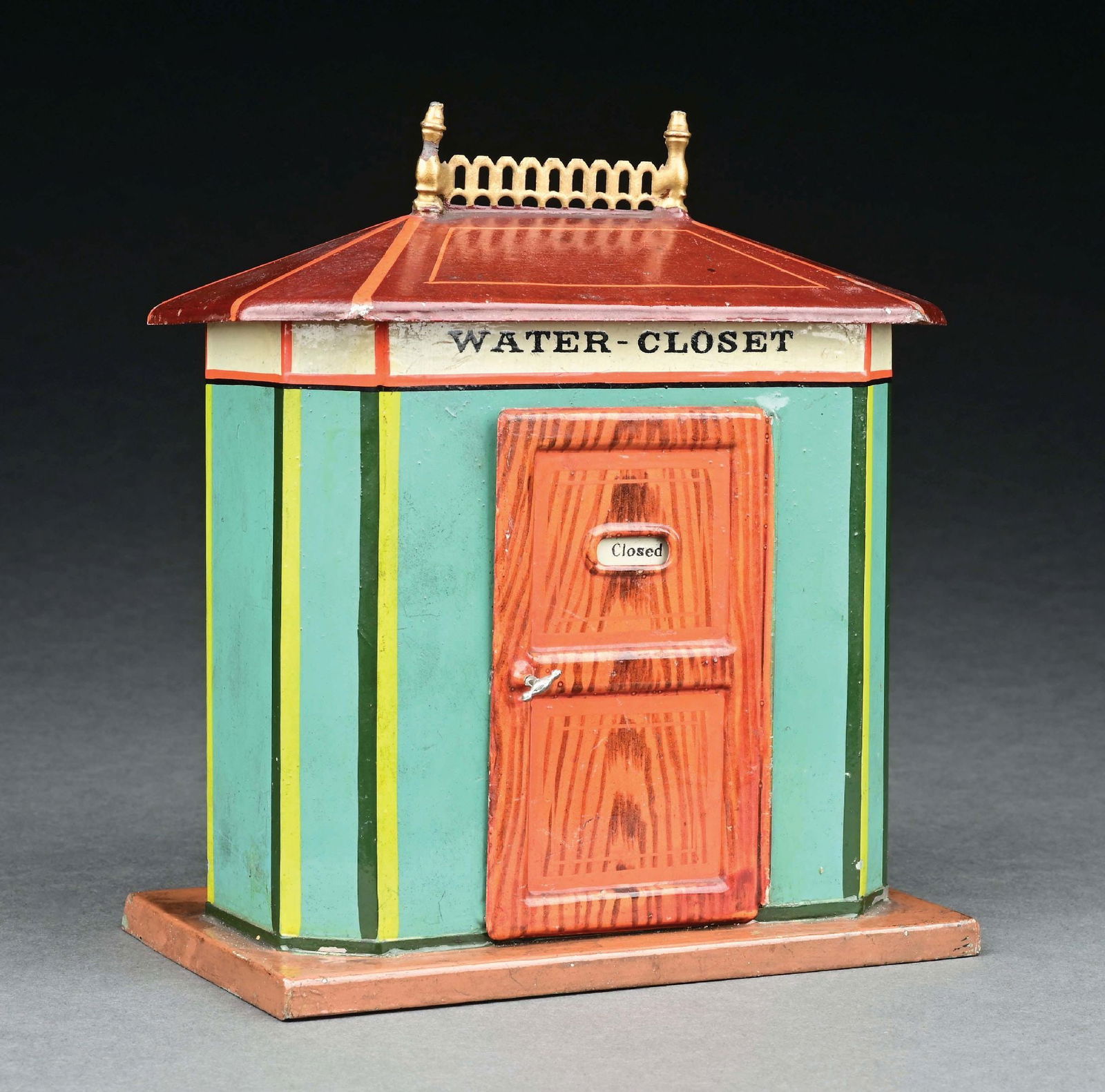 MARKLIN CAT. REF. 2099 HAND-PAINTED WATER CLOSET: English inscriptions. CONDITION: Still retains original mirror and possibly toilet paper roll. Excellent to near mint condition. Item Dimensions: 6 - 1/4" x 3 - 3/4" x 6 - 3/4".