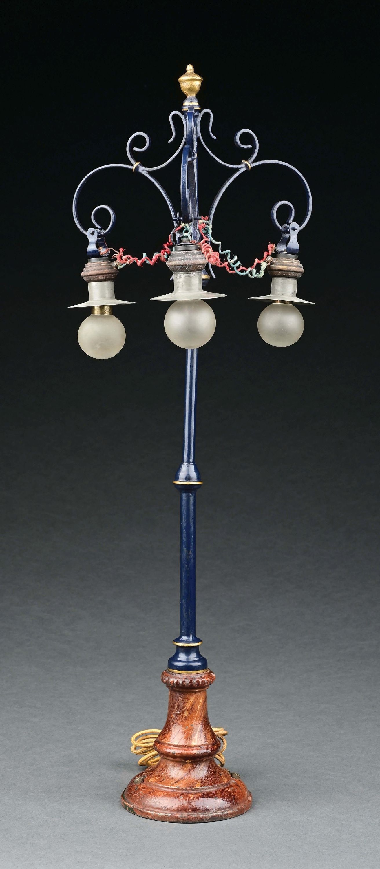 MARKLIN CAT. REF. 3452/3 HAND-PAINTED TRIPLE-ARM LAMP: CONDITION: Paint on marble base is original and in excellent condition. Areas of blue paint on post is restored. Item Dimensions: 18" x 6" x 6".