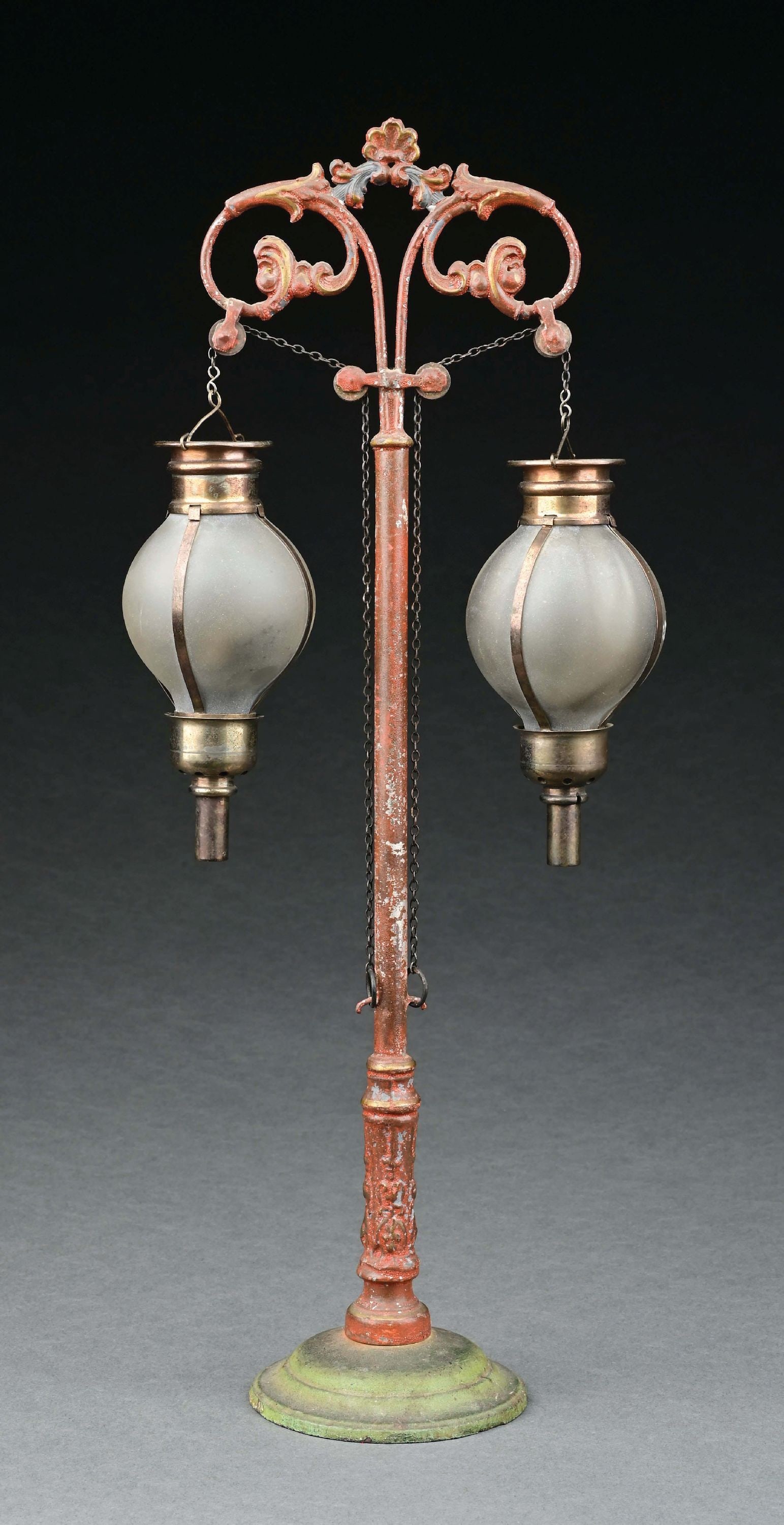 MARKLIN HAND-PAINTED DOUBLE GLOBE LAMP: CONDITION: Replaced globes, very good condition. Item Dimensions: 15" x 6".