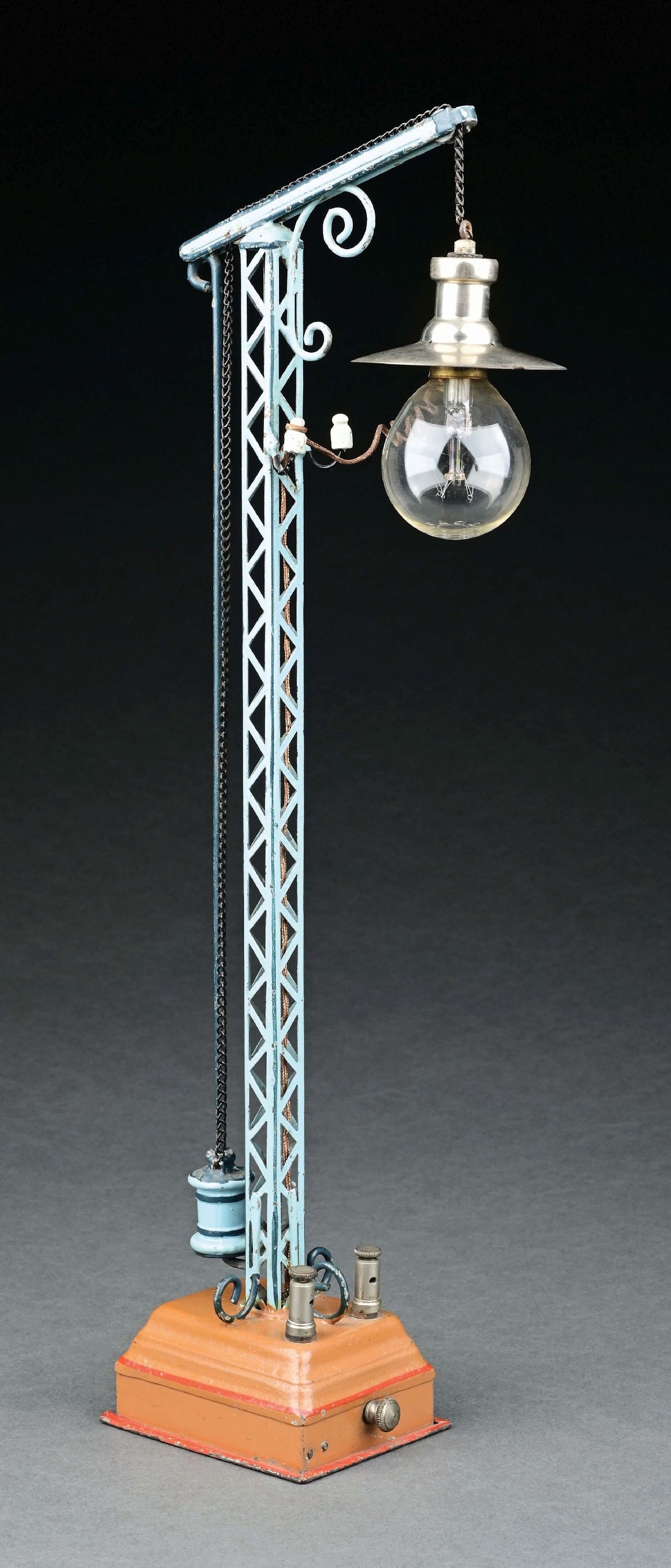 MARKLIN HAND-PAINTED ELECTRIC LAMP POST: CONDITION: Nice color at light blue. Retains original cover on bottom. Item Dimensions: 16 - 1/2" x 5 - 1/2".