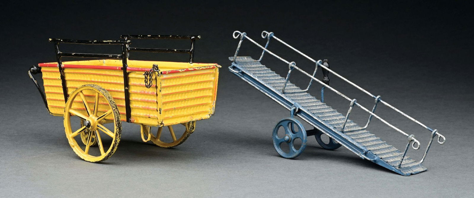 MARKLIN HAND PAINTED LUGGAGE MAIL CART AND RAILROAD LOADING RAMP: CONDITION: Excellent-near mint. Item Dimensions: Largest: 6 - 1/2" x 3 - 1/2" x 4".