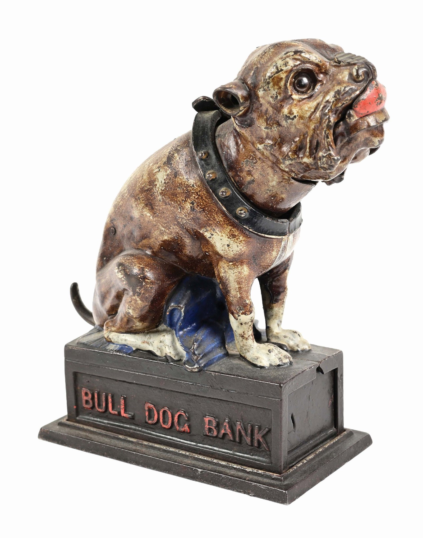 BULLDOG BROWN W/ BLUE BLANKET BANK: CONDITION: Excellent all original condition, including the tail. Works well. Replaced coin trap. Barely noticeable chip on front of platform. Condition: (Excellent). Dimensions: 8" x 7" x 3 - 1/2".
