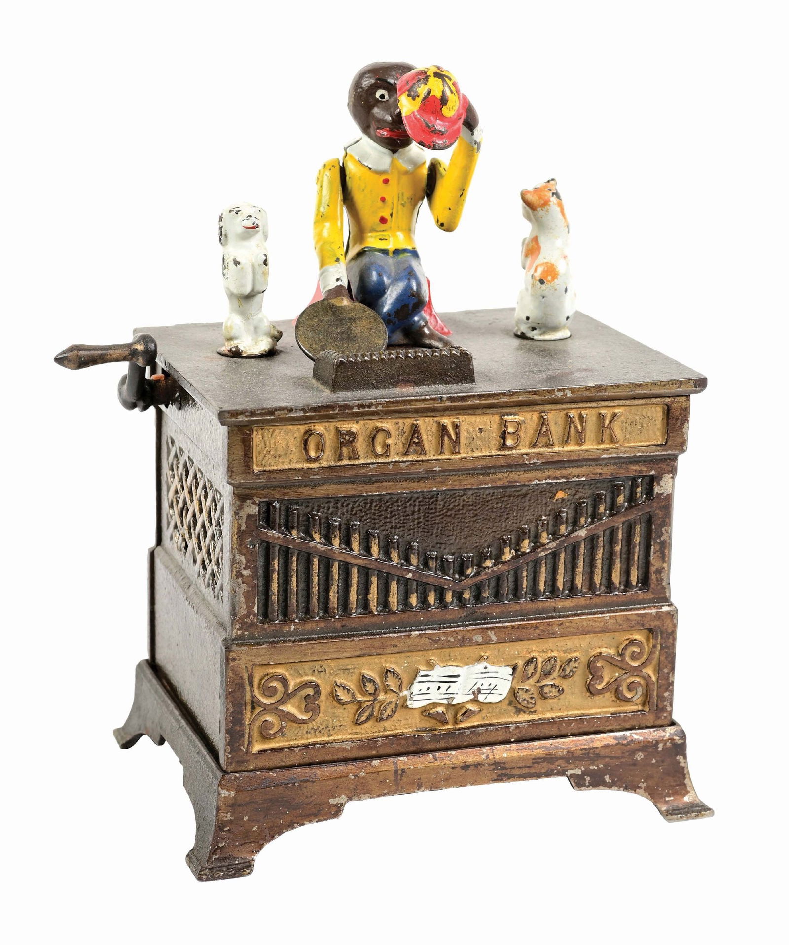 ORGAN BANK - CAT & DOG MECHANICAL BANK: Repair to the crank. Has original coin trap. Condition: (Excellent Plus). Dimensions: 8" x 6" x 4".