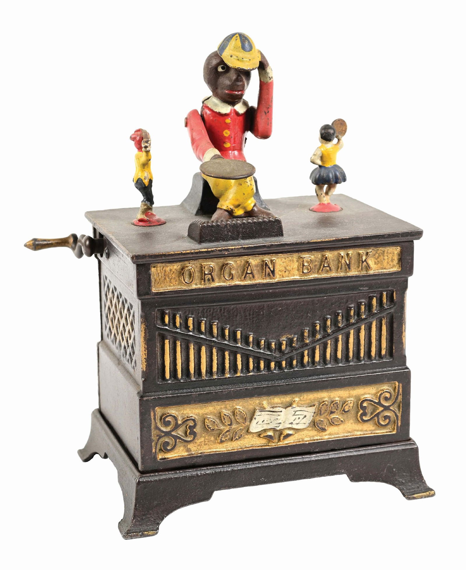 ORGAN BANK - BOY & GIRL: Original coin trap, good working condition. Condition: (Excellent Plus). Dimensions: 8" x 6" x 4".