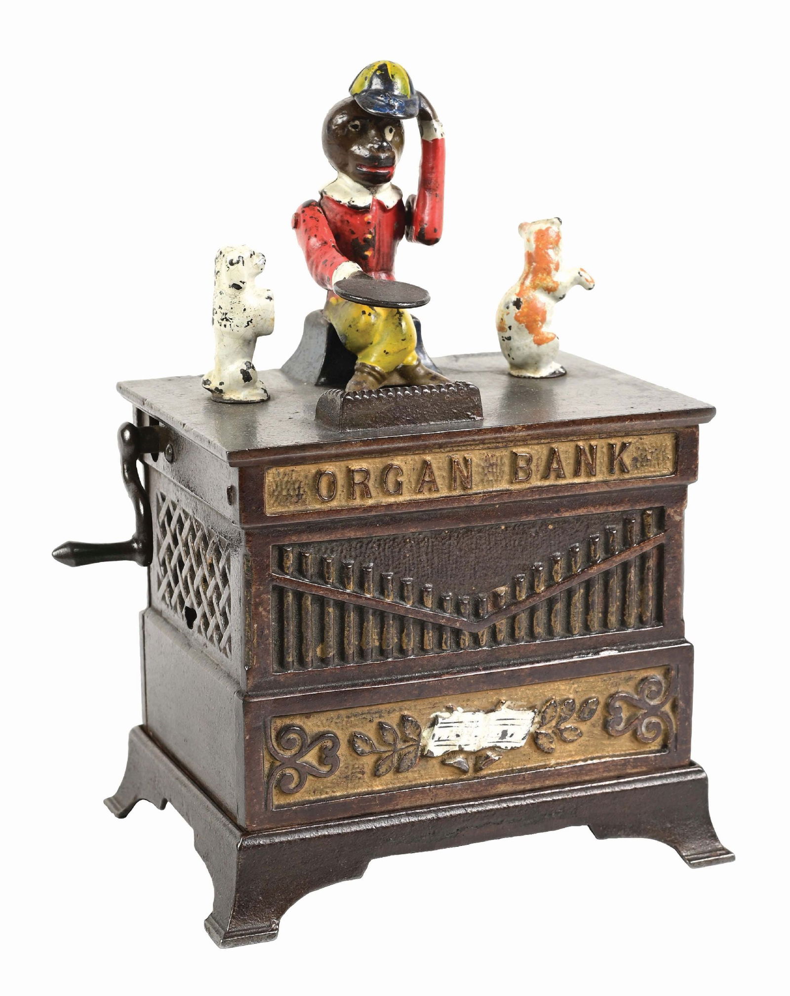ORGAN CAT & DOG BANK: Works fine. All original, including original trap. Condition: (Excellent Plus). Dimensions: 6" x 4" x 7-1/2".