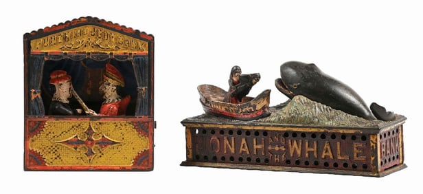 LOT OF 2: CAST IRON PUNCH AND JUDY AND JONAH AND THE WHALE MECHANICAL BANKS