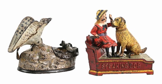 LOT OF 2: CAST IRON SPEAKING DOG AND EAGLE AND EAGLETS MECHANICAL BANKS