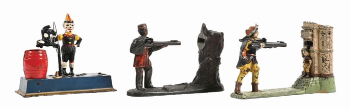 LOT OF 3: CAST IRON TRICK DOG, CREEDMOOR AND WILLIAM TELL MECHANICAL BANKS