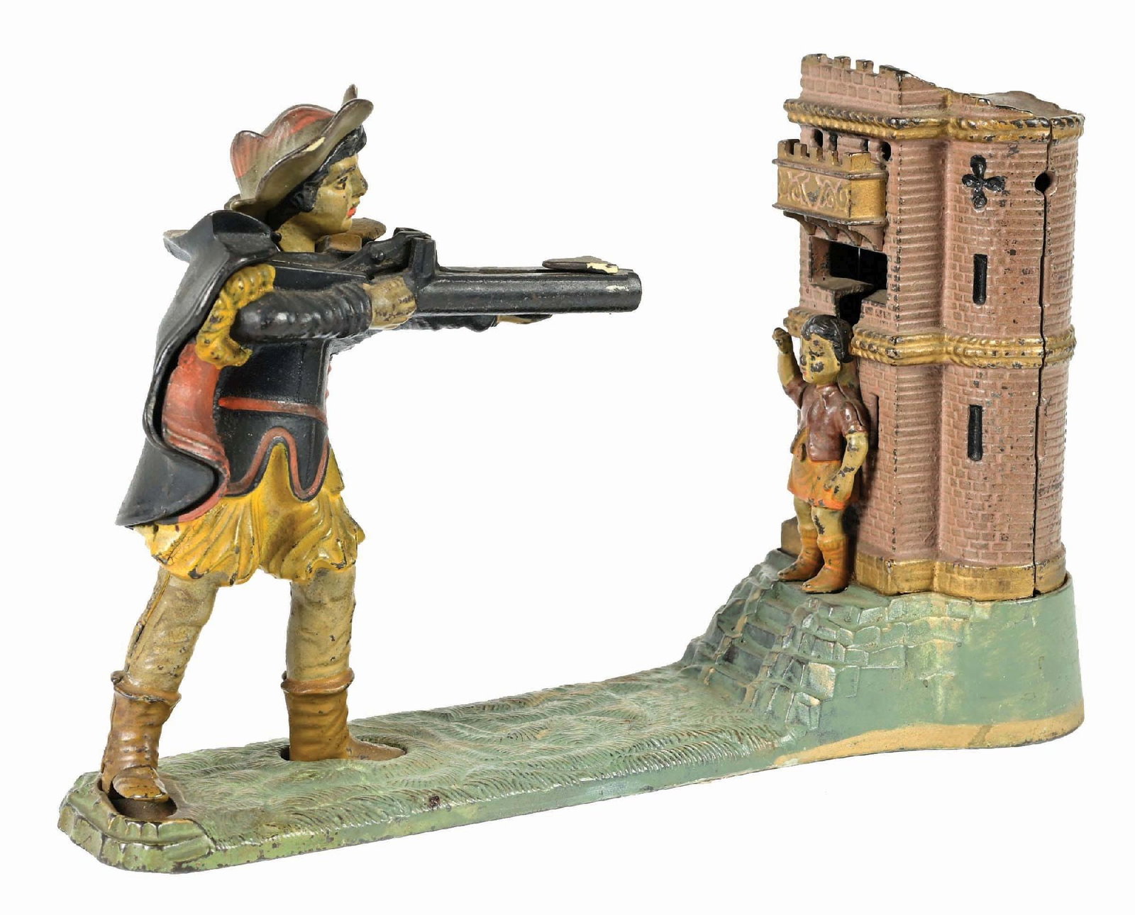 WILLIAM TELL MECHANICAL BANK: Made by J. & E. Stevens & Co. All original. Working condition. Condition: (Excellent). Dimensions: 10 - 1/2" x 3" x 6 - 1/2". CORRECTION: The base is cracked.
