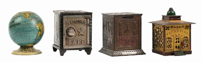 LOT OF 4: CAST IRON MECHANICAL, STILL AND TIN BANKS