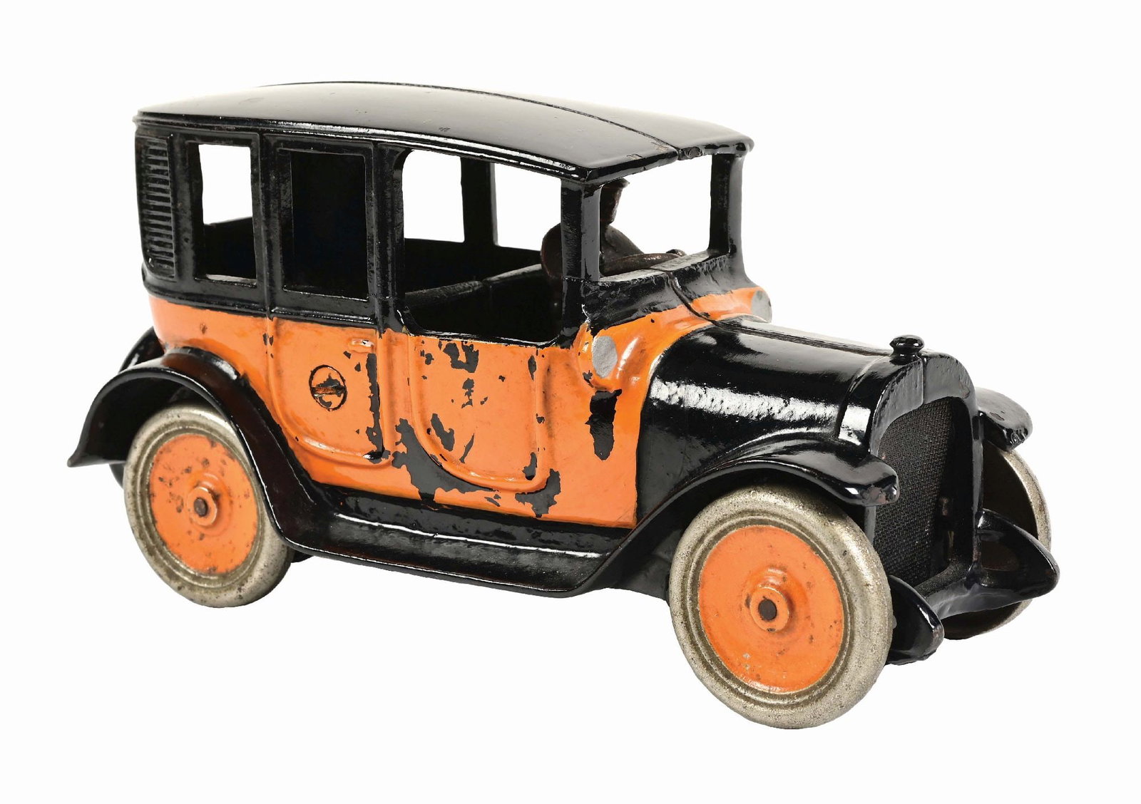 ARCADE CAST IRON YELLOW TAXI: Molded rear wheel. CONDITION: Looks to have original driver. Mesh front grille could be a replacement. Moderate amount of paint chipping and wear throughout body and wheels, as well as some paint touc