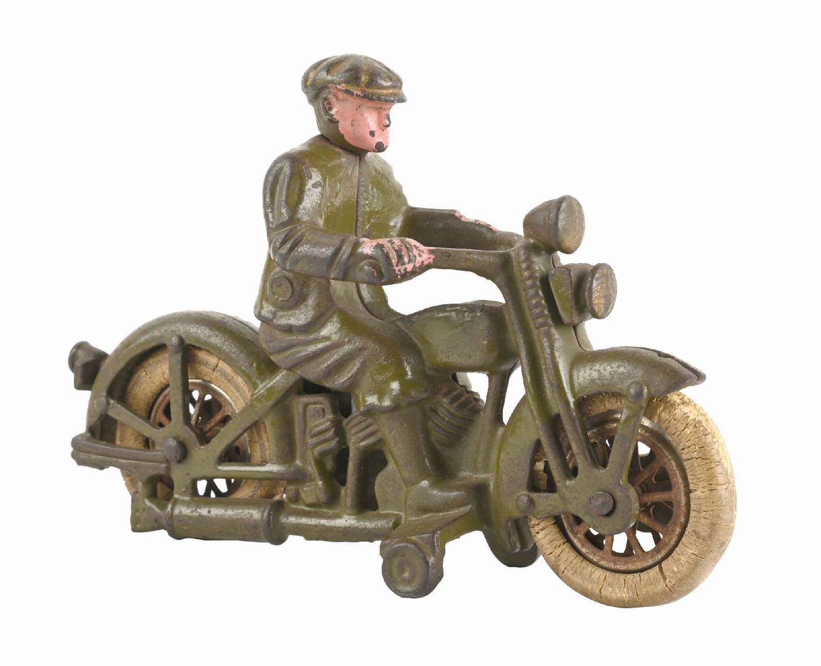 HUBLEY CAST IRON HARLEY-DAVIDSON CIVILIAN MOTORCYCLE: Civilian rider. Embossed "Harley-Davidson" in gold on one side of gas tank. CONDITION: Original rubber tires, which have some distress. Affixed training wheels. Toy has some minor to moderate paint ch
