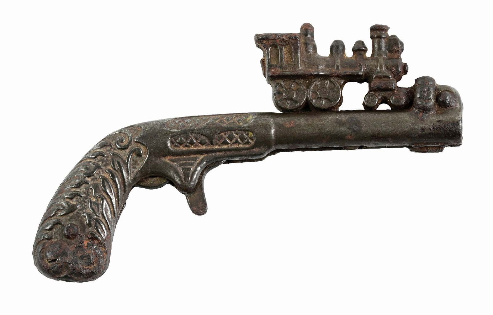 VINTAGE ORIGINAL CAST IRON TRAIN ANIMATED CAP PISTOL: Made in the late 19th century. The train clicks back, and the trigger ignites it to move forward to break the cap. CONDITION: It has some wear and use. Condition: (Very Good). Dimensions: 4 - 1/2" x 1