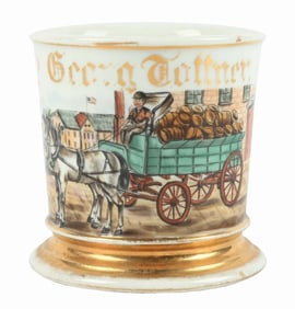 T & V LIMOGES FRANCE HORSE DRAWN BARRELS WAGON SHAVING MUG