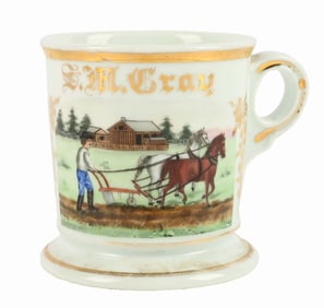 MAN PLOWING FIELD HAND PAINTED SHAVING MUG