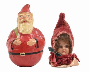 LOT OF 2: SANTA ROLY POLY AND BISQUE DOLL HEAD CANDY CONTAINER