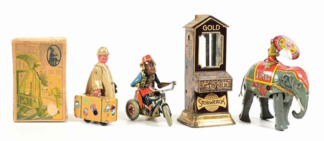 LOT OF 4: VARIOUS GERMAN TIN LITHO TOYS & CANDY CONTAINERS