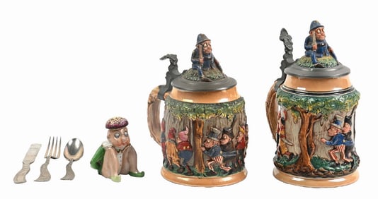 LOT OF 3: GERMAN MADE BEER STEINS WITH CHARACTER FIGURINE & SILVERWARE