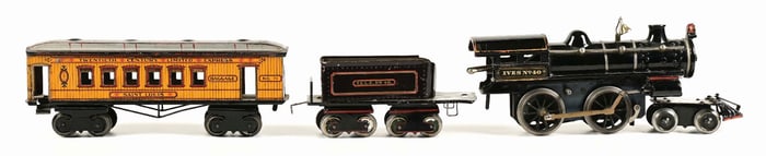LOT OF 3: IVES NO. 40 ONE GAUGE LOCOMOTIVE & TENDER W/ NO. 71 ST. LOUIS CAR