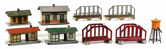 LARGE LOT OF 11: IVES STATIONS, BRIDGES & WATER TANK