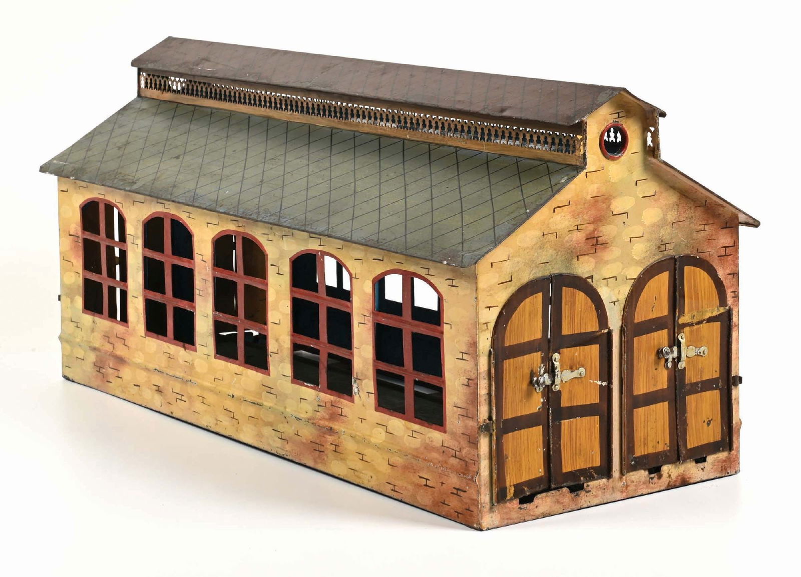 MARKLIN LOCOMOTIVE 2-STALL SHED: It is complete and all original. It has some scratches and paint chips throughout, very good condition. Condition: (Very Good). Dimensions: 26" x 11" x 12".