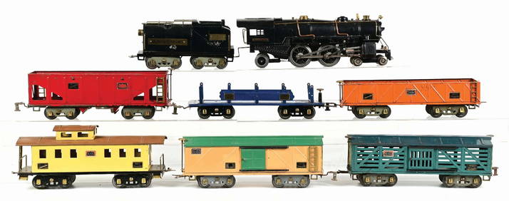 LOT OF 8: AMERICAN FLYER STANDARD GAUGE STEAM LOCOMOTIVE, TENDER & FREIGHT CARS (1 of 2)
