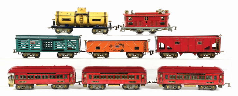 LOT OF 8: AMERICAN FLYER LINES ENGINE W/ VARIOUS PASSENGER AND OTHER CARS: (A) Electric Outline Locomotive has been re-wheel, otherwise very good and original, very good condition. (B) No. 4010 Tank Car, complete and all original, some scratches and paint chips, very good co