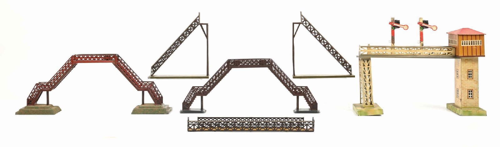LOT OF 6: EUROPEAN PEDESTRIAN BRIDGES: (A) A complete and all original Kibre pedestrian bridge. It has a switch tower on one end and some semaphores. It has some paint loss, very good condition. (B) A complete and all original Marklin pede