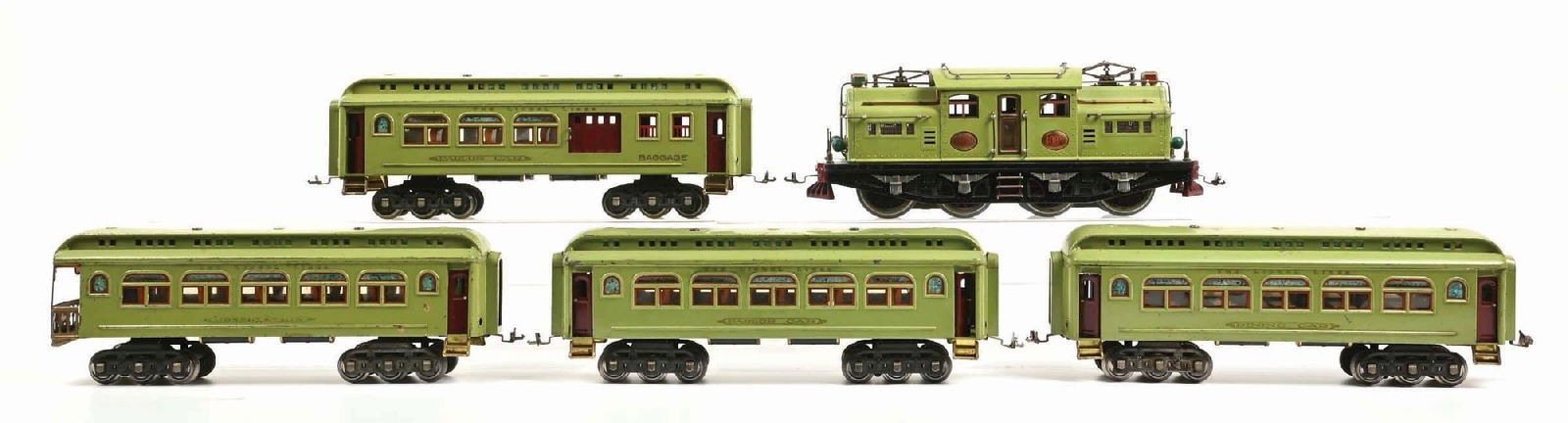 LOT OF 5: LIONEL NO. 408E LOCOMOTIVE W/ NO. 418, 419, 490 & 431 PASSENGER CARS IN APPLE GREEN (1 of 2)