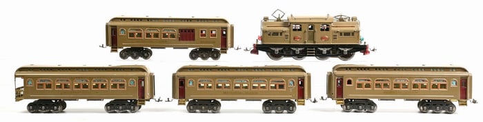 LOT OF 5: LIONEL ENGINE NO. 408E, PARLOR CARS, OBSERVATION CAR, AND DINING CAR