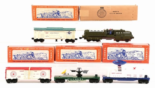 LOT OF 5: GROUPING OF LIONEL MILITARY TRAINS, MOSTLY BOXED