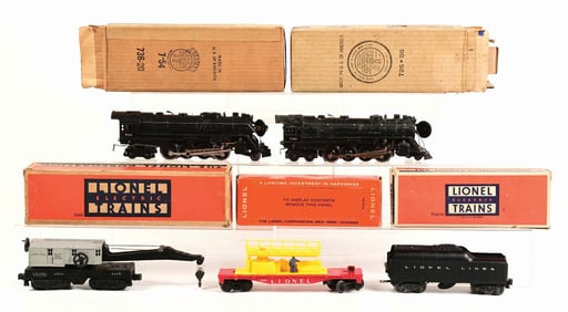 LOT OF 5: LIONEL NO. 726 & 736 TRAIN ENGINES W/ 2046W TENDER, CRANE AND CARS