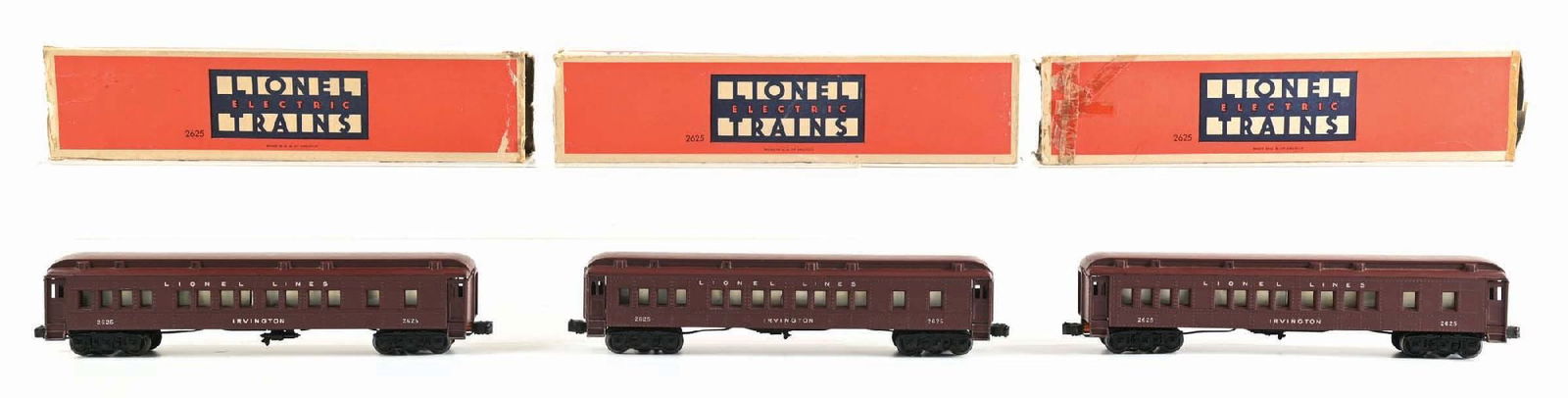 LOT OF 3: LIONEL NO. 2625 IRVINGTON PASSENGER CARS: Cars have partial original boxes, which have some tearing and are missing some flaps, some detached but present. None of the stairs appear broken, but there is some minor to moderate scratching, espec
