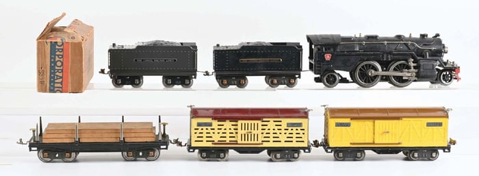 LOT OF 6: LOCOMOTIVE WITH COAL CAR, CATTLE CARS, AND OTHER VARIOUS CARS