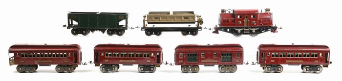 LOT OF 7: LIONEL ENGINE NO. 380 WITH MAIL CAR, PASSENGER CAR, HOPPER AND OTHER VARIOUS CARS
