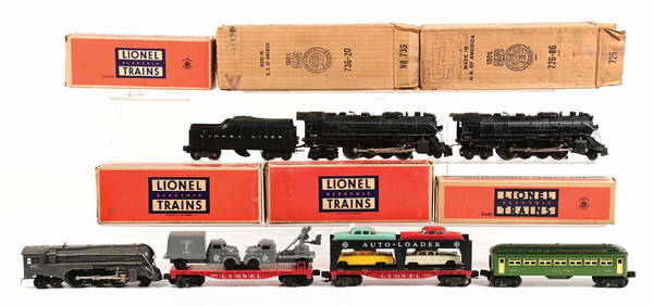 LOT OF 7: LIONEL STEAM LOCOMOTIVES, PASSENGER CAR & MILITARY FREIGHT CARS (1 of 2)