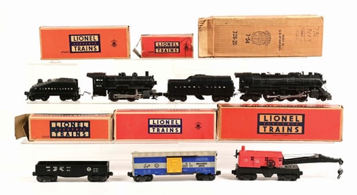 LOT OF 7: LIONEL NO. 736-20 TRAIN ENGINE WITH 2046 TENDER, WORK CRANE & CARS SET