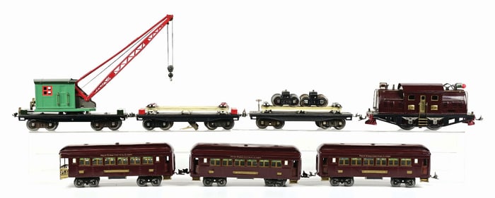 LOT OF 7: LIONEL NO. 380 TRAIN ENGINE W/ PULLMAN CARS AND CRANE