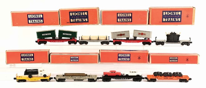 LOT OF 8: BOXED LIONEL TRAIN FLAT CARS