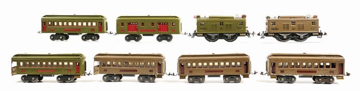 LOT OF 8: LIONEL ENGINES NO. 8 WITH PULLMAN, OBSERVATION CARS, AND OTHER VARIOUS CARS