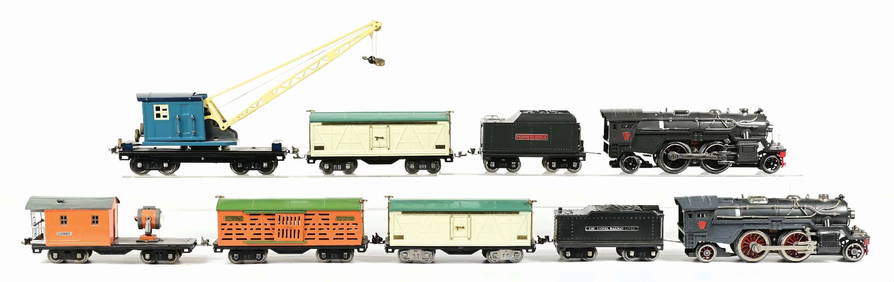 LOT OF 9: LIONEL AND PENNSYLVANIA TRAIN ENGINES W/ CARS AND WORK CRANE (1 of 2)
