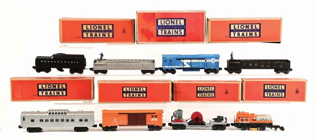 LOT OF 8: POST-WAR, MOSTLY ROLLING STOCK, LIONEL TRAIN CARS