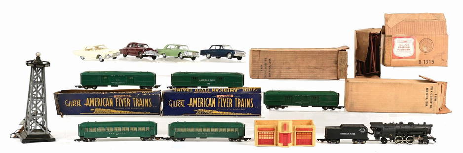 LARGE LOT OF FREIGHT CARS, TOWER, AND TOY CARS: (A) No. 302 American Flyer S Ga. Steam Locomotive in the original wrap. Excellent condition. (B) No. 732 Operating Baggage Car, which could use a cleaning, but is complete. (C) No. 650 New Haven Passe