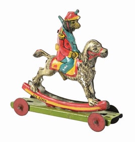 GERMAN TIN LITHO BEAR RIDING DOG PENNY TOY