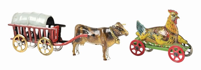 LOT OF 2: GERMAN TIN LITHO ANIMAL-THEMED PENNY TOYS