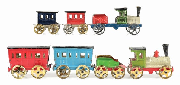 LOT OF 2: GERMAN TIN LITHO & GOLD FLASH PENNY TOY PASSENGER TRAIN SETS